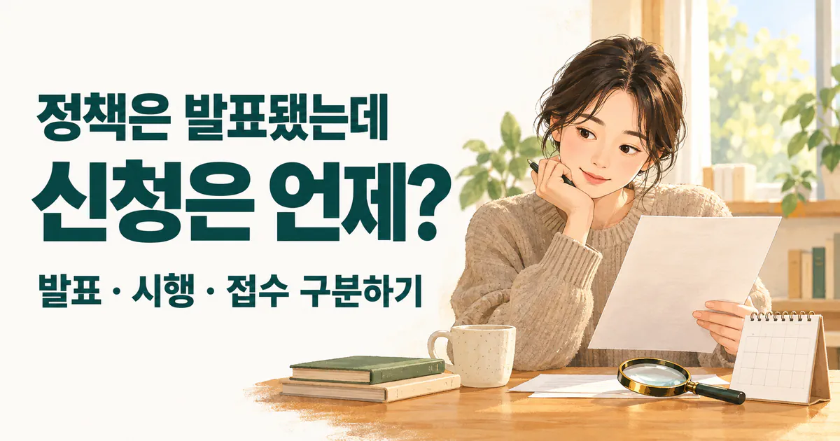 정책은 발표됐는데 신청은 언제, 발표·시행·접수 구분하기 문구와 문서를 살펴보는 사람을 그린 설명용 AI 삽화